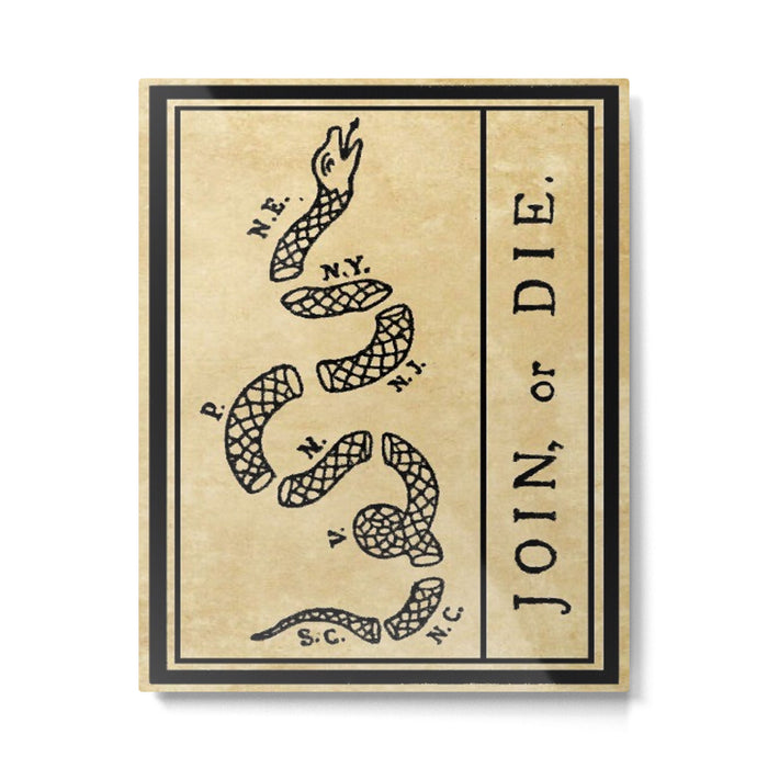 1776 "Join, or Die" Revolutionary War flag with 13 colonies, snake & no colors by Benjamin Franklin Metal Print Gallery Image 1
