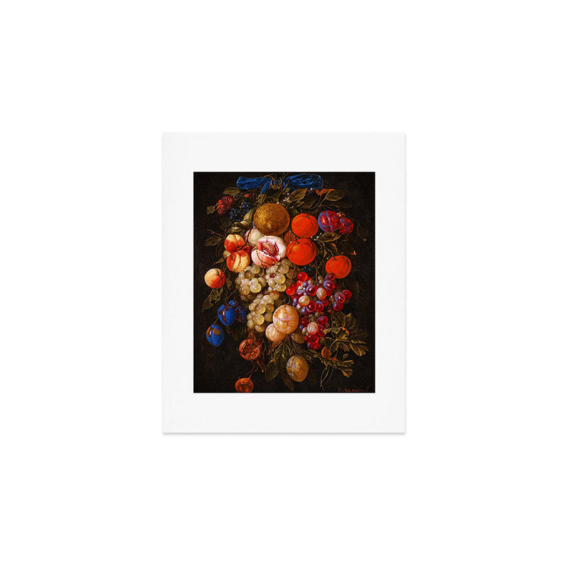 A festoon of fruit hanging from a blue ribbon 1670 still life portrait painting by Cornelis de Heem Art Print Gallery Image 1