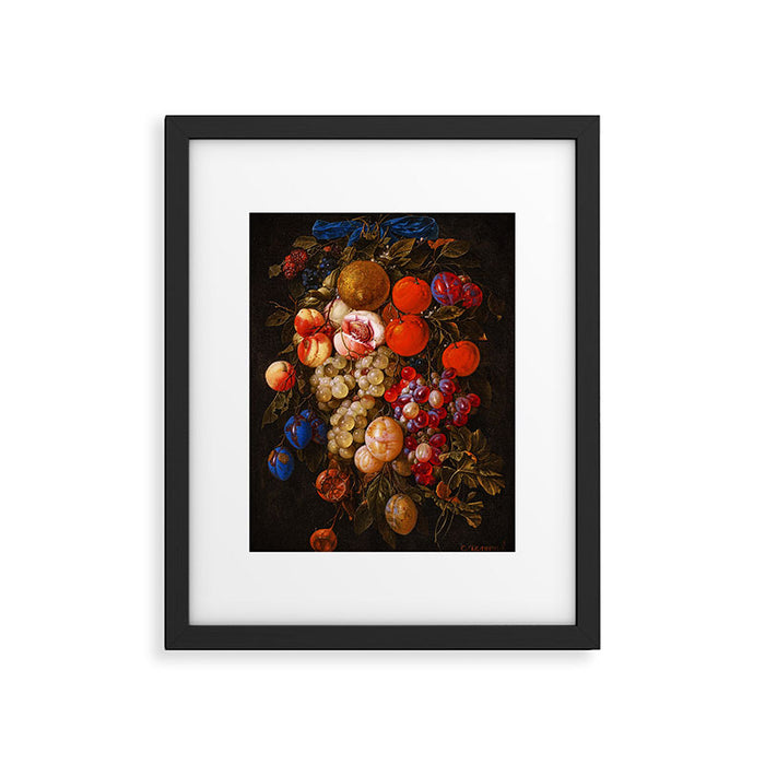 A festoon of fruit hanging from a blue ribbon 1670 still life portrait painting by Cornelis de Heem Framed Art Print Gallery Image 1