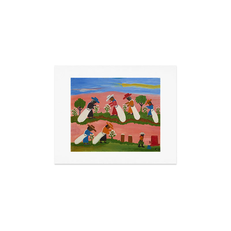 African American Masterpiece 'Six Figures Picking Cotton' folk art painting by Clementine Hunter Art Print Gallery Image 1