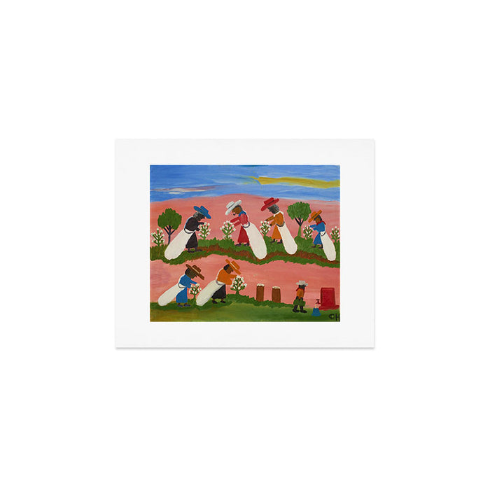 African American Masterpiece 'Six Figures Picking Cotton' folk art painting by Clementine Hunter Art Print Gallery Image 1