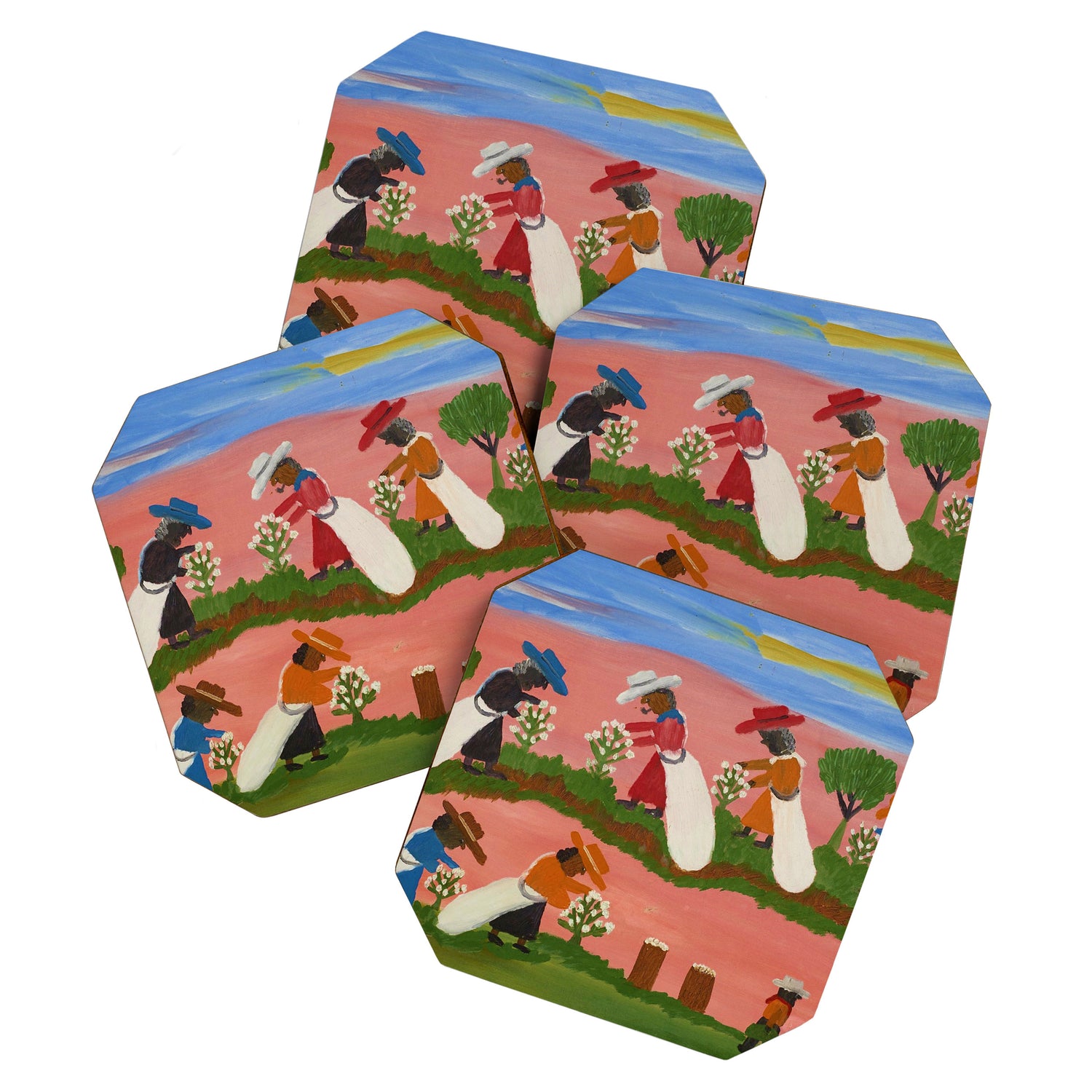African American Masterpiece 'Six Figures Picking Cotton' folk art painting by Clementine Hunter Coaster Gallery Image 1