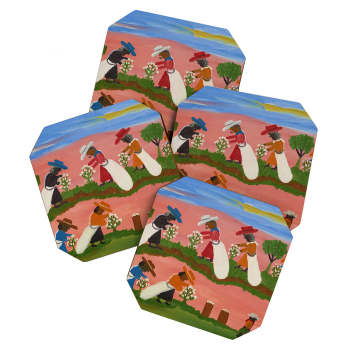 African American Masterpiece 'Six Figures Picking Cotton' folk art painting by Clementine Hunter Coaster Gallery Image 1