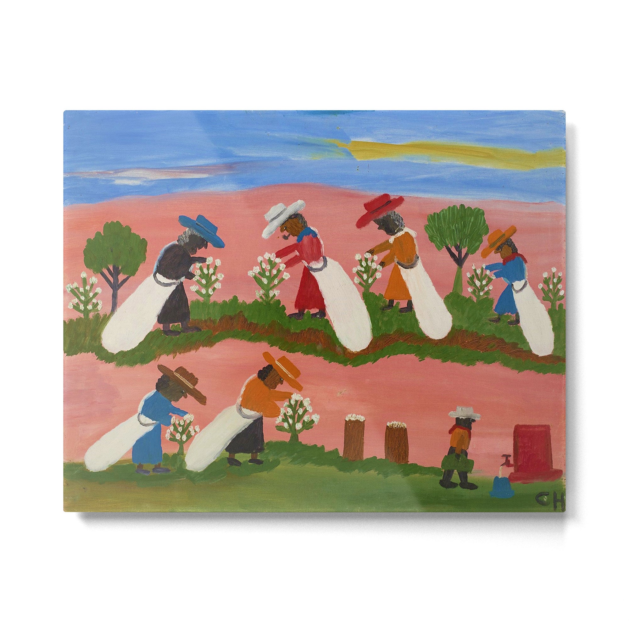 African American Masterpiece 'Six Figures Picking Cotton' folk art painting by Clementine Hunter Metal Print Gallery Image 6