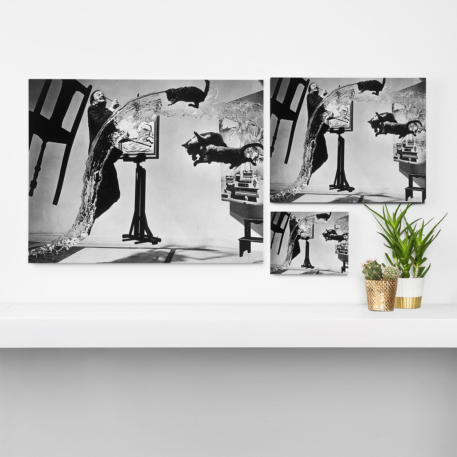 Dalí Atomicus, Salvador Dali painting with flying cats and water spurts surrealism / surrealist black and white photograph / photography by Philippe Halsman Canvas Print Gallery Image 3