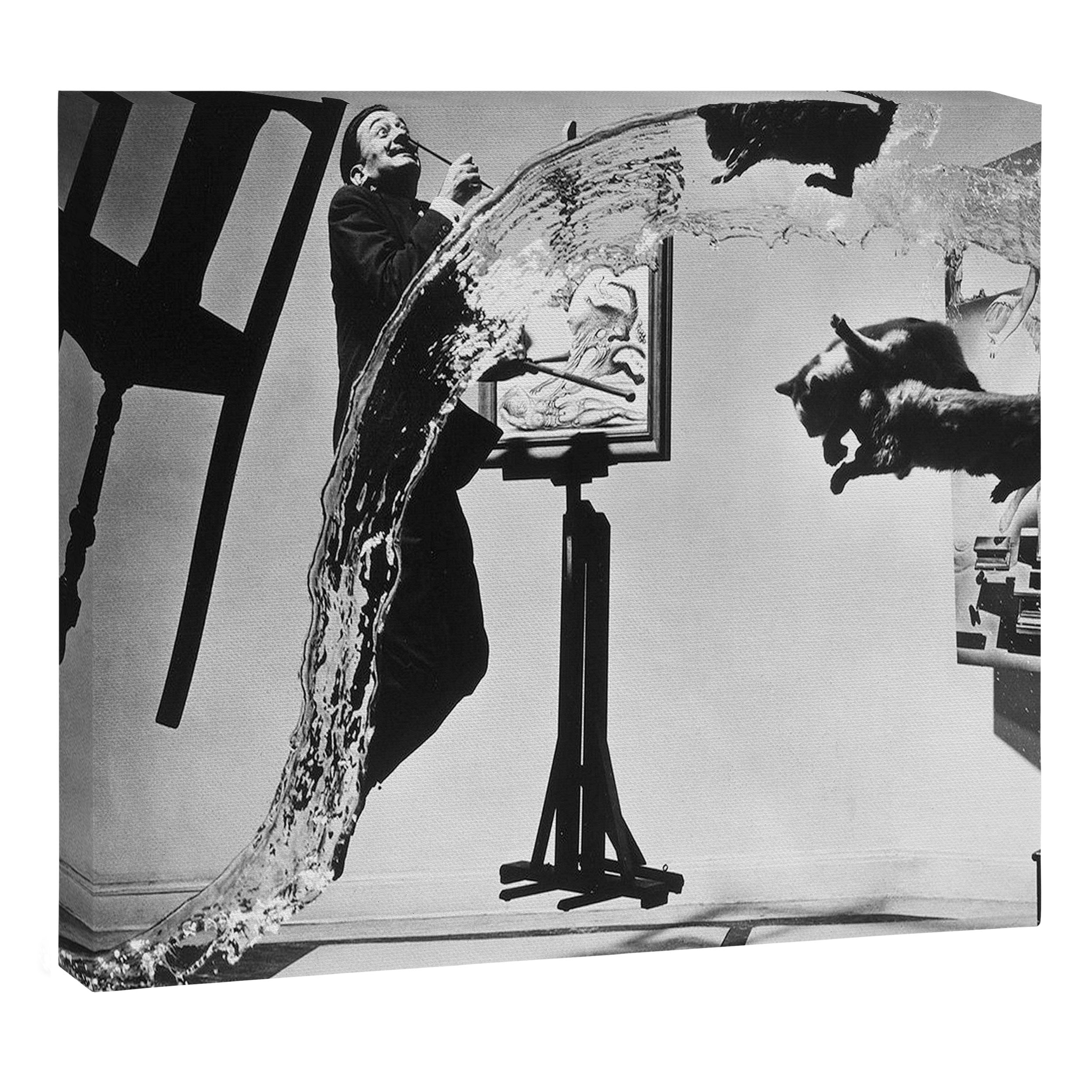 Dalí Atomicus, Salvador Dali painting with flying cats and water spurts surrealism / surrealist black and white photograph / photography by Philippe Halsman Canvas Print Gallery Image 3