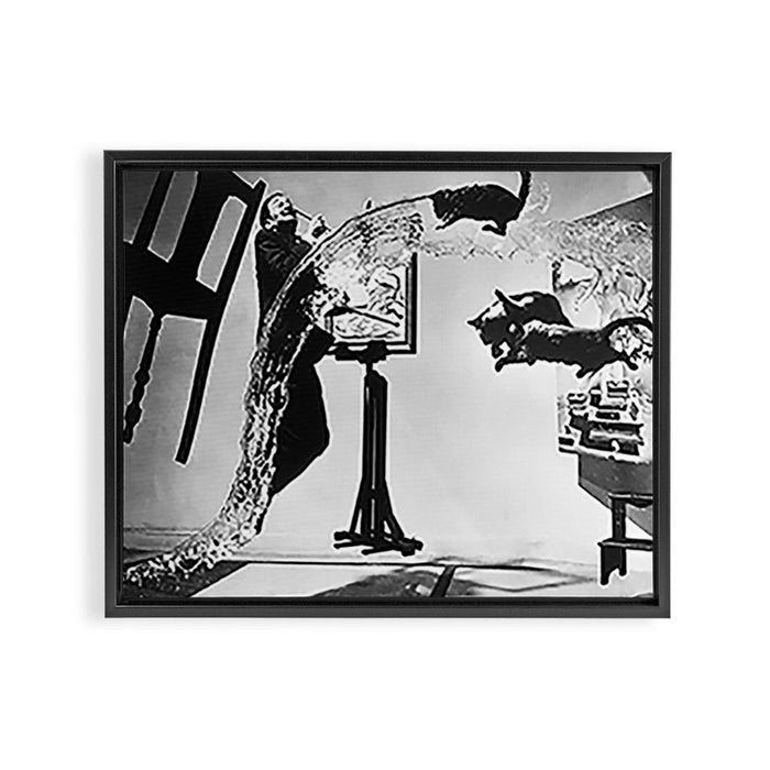 Dalí Atomicus, Salvador Dali painting with flying cats and water spurts surrealism / surrealist black and white photograph / photography by Philippe Halsman Framed Canvas Print Gallery Image 1