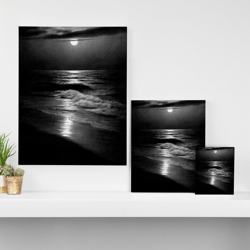 The summer sea moonlit coastal beach and waves with full moon black and white seascape photograph / photography by Rudolf Eickemeyer Jr. Canvas Print Gallery Image 3