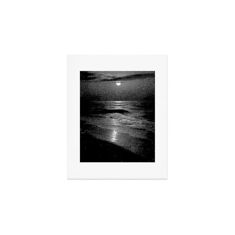 The summer sea moonlit coastal beach and waves with full moon black and white seascape photograph / photography by Rudolf Eickemeyer Jr. Art Print Gallery Image 1