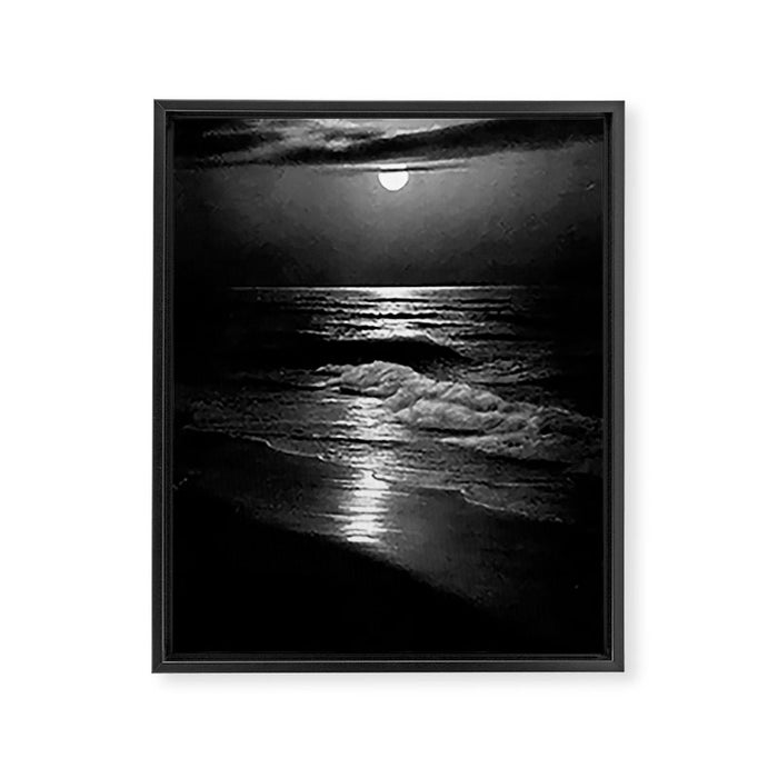The summer sea moonlit coastal beach and waves with full moon black and white seascape photograph / photography by Rudolf Eickemeyer Jr. Framed Canvas Print Gallery Image 1