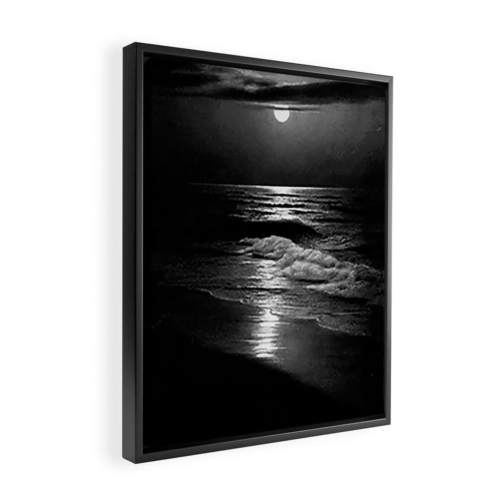 The summer sea moonlit coastal beach and waves with full moon black and white seascape photograph / photography by Rudolf Eickemeyer Jr. Framed Canvas Print Gallery Image 2