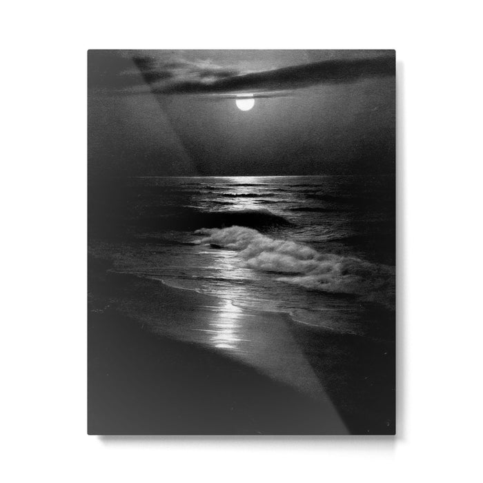 The summer sea moonlit coastal beach and waves with full moon black and white seascape photograph / photography by Rudolf Eickemeyer Jr. Metal Print Gallery Image 1