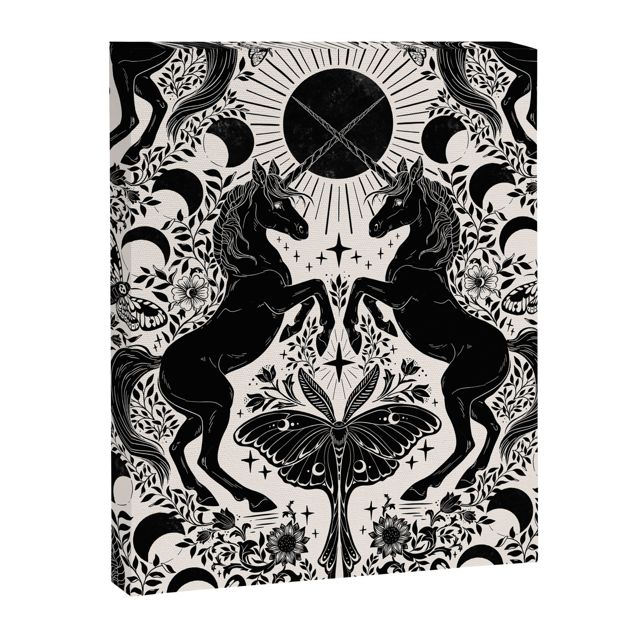 Celestial Unicorn Damask Cream & Black Canvas Print Gallery Image 3