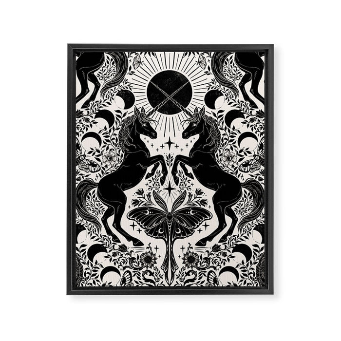 Celestial Unicorn Damask Cream & Black Framed Canvas Print Gallery Image 1