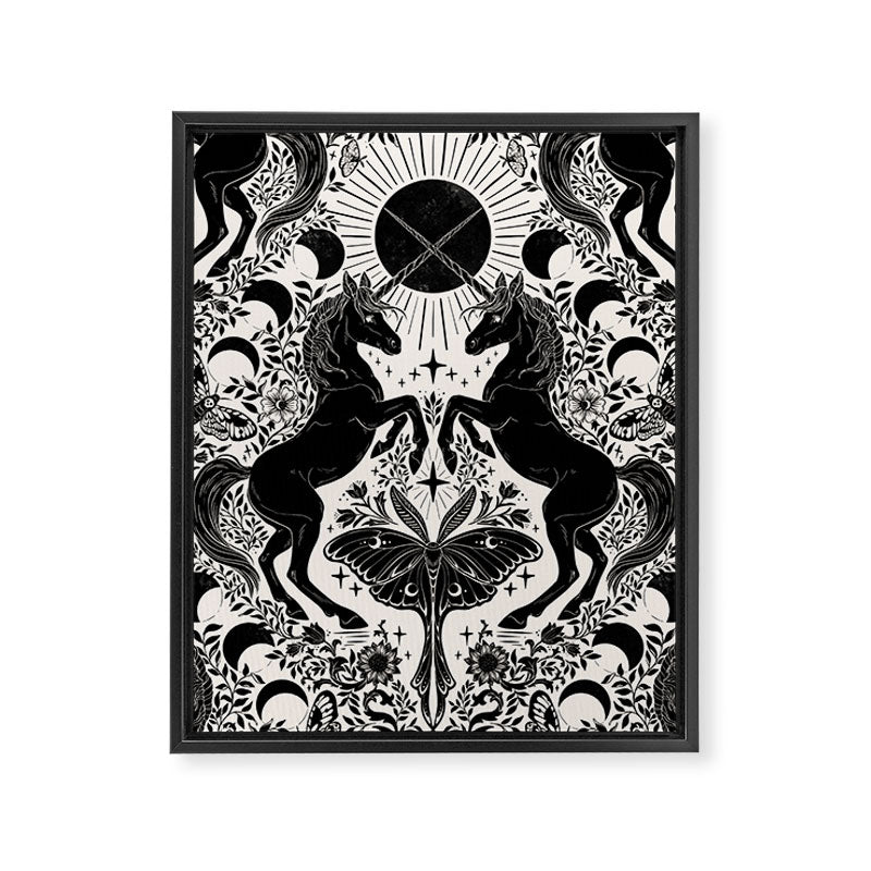 Celestial Unicorn Damask Cream & Black Framed Canvas Print Gallery Image 8