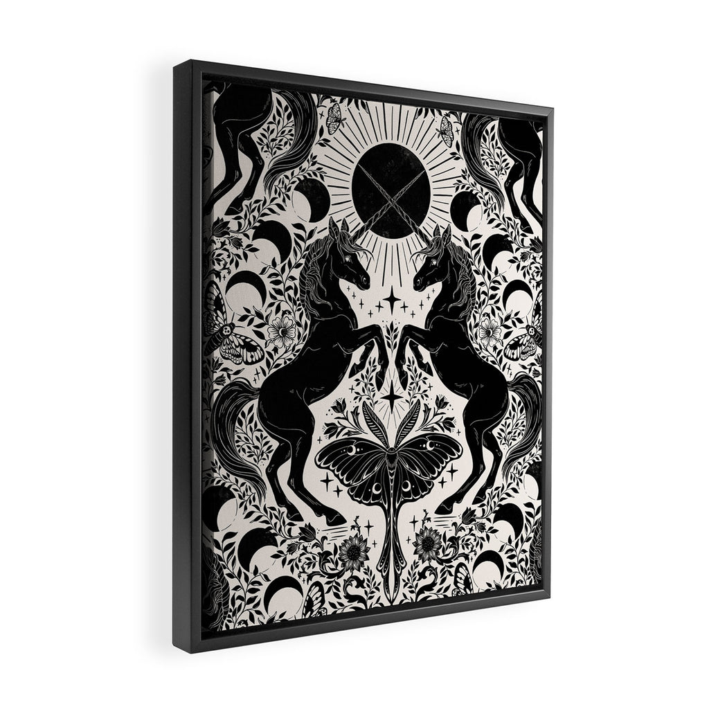 Celestial Unicorn Damask Cream & Black Framed Canvas Print Gallery Image 2