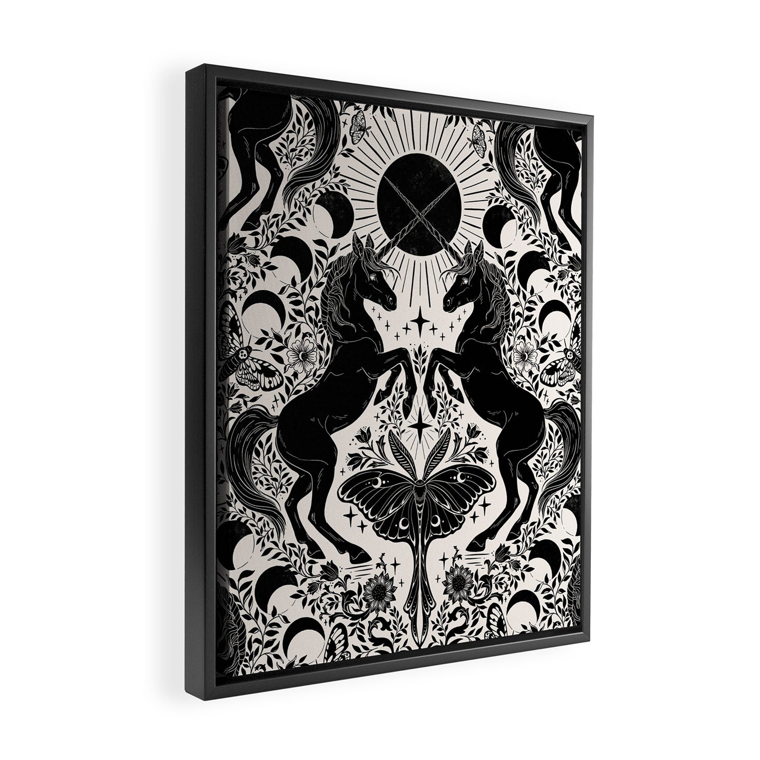 Celestial Unicorn Damask Cream & Black Framed Canvas Print Gallery Image 2