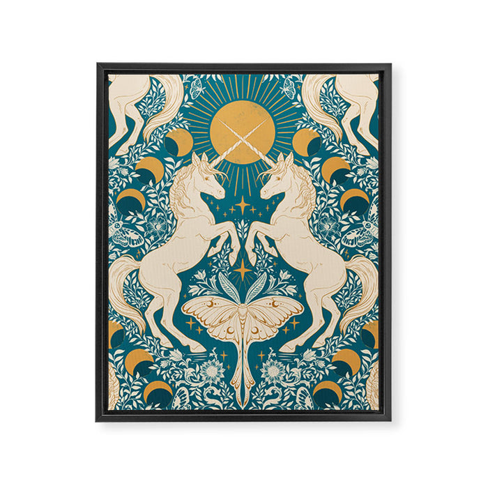 Celestial Unicorns In Turquoise and Gold Framed Canvas Print Gallery Image 1