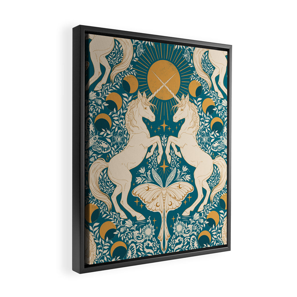 Celestial Unicorns In Turquoise and Gold Framed Canvas Print Gallery Image 2