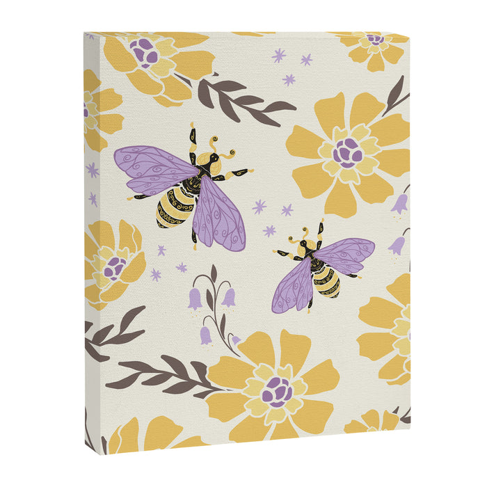 Honey Bees and Flowers - Yellow and Lavender Purple Canvas Print Gallery Image 1