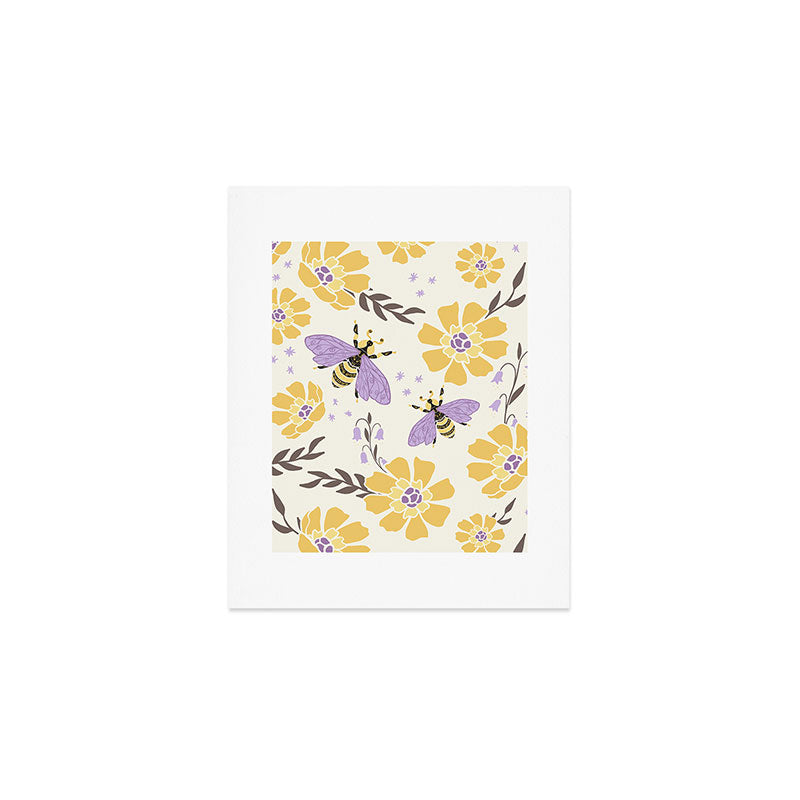 Honey Bees and Flowers - Yellow and Lavender Purple Art Print Gallery Image 1