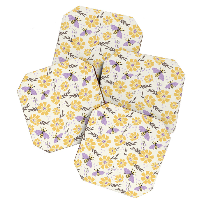 Honey Bees and Flowers - Yellow and Lavender Purple Coaster Gallery Image 1