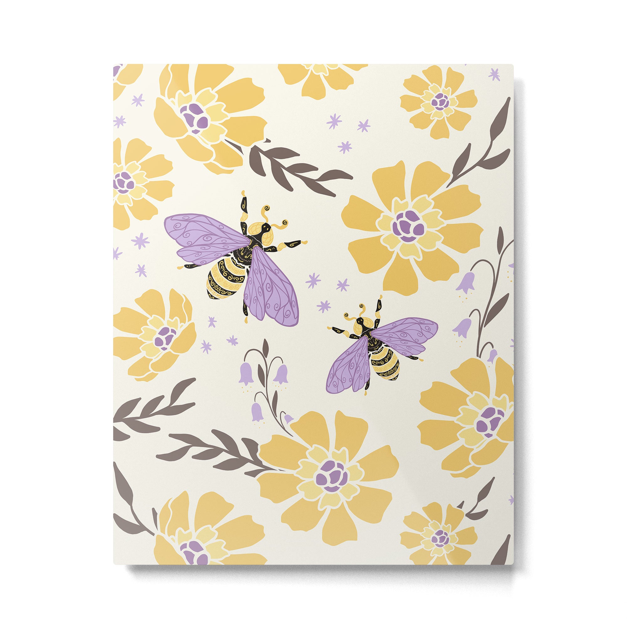 Honey Bees and Flowers - Yellow and Lavender Purple Metal Print Gallery Image 4