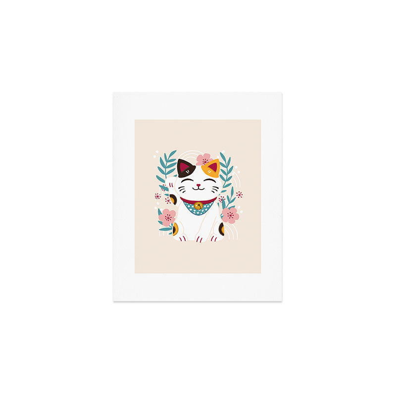 Japanese Lucky Cat with Cherry Blossoms Art Print Gallery Image 1