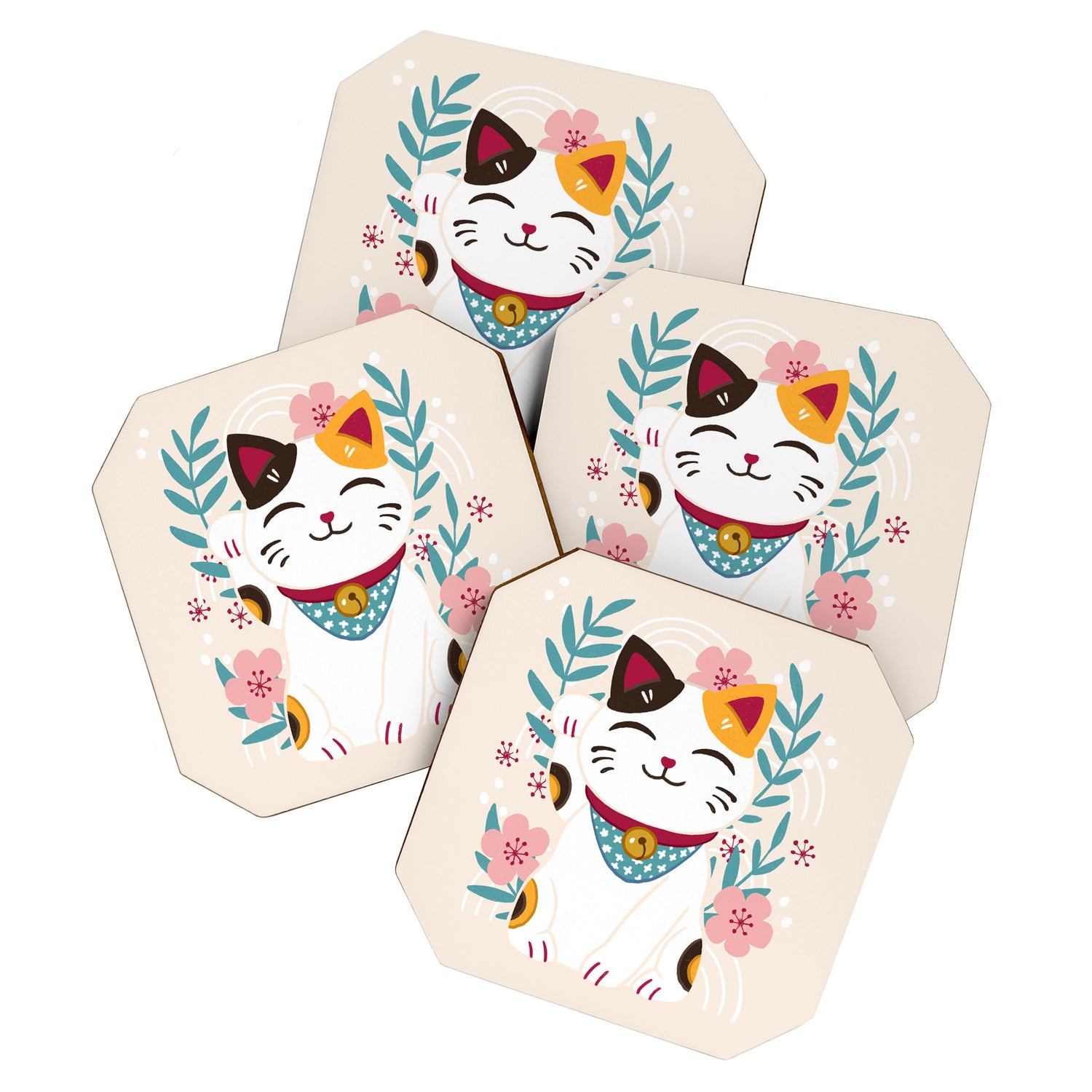 Japanese Lucky Cat with Cherry Blossoms Coaster Gallery Image 1