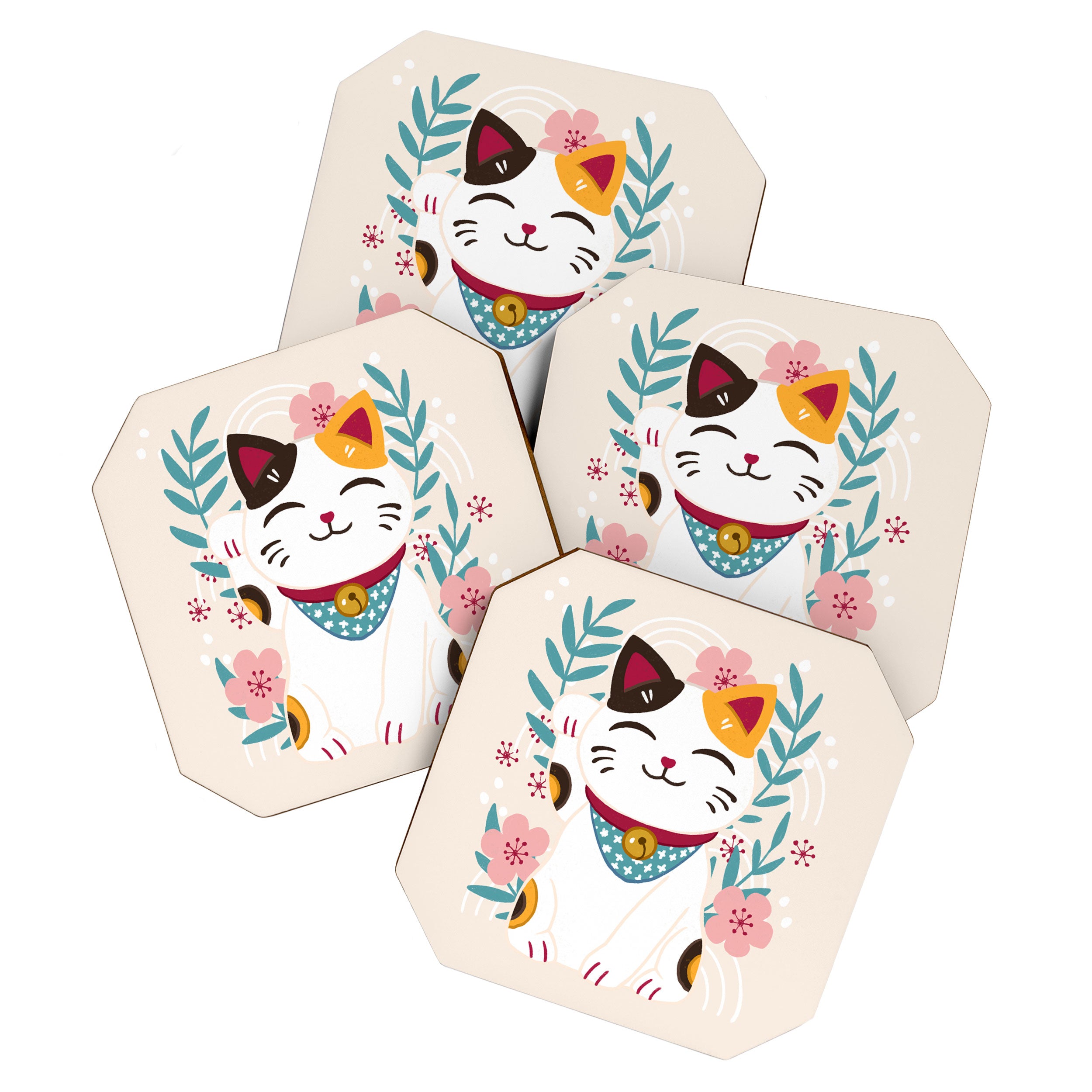 Japanese Lucky Cat with Cherry Blossoms Coaster Gallery Image 1
