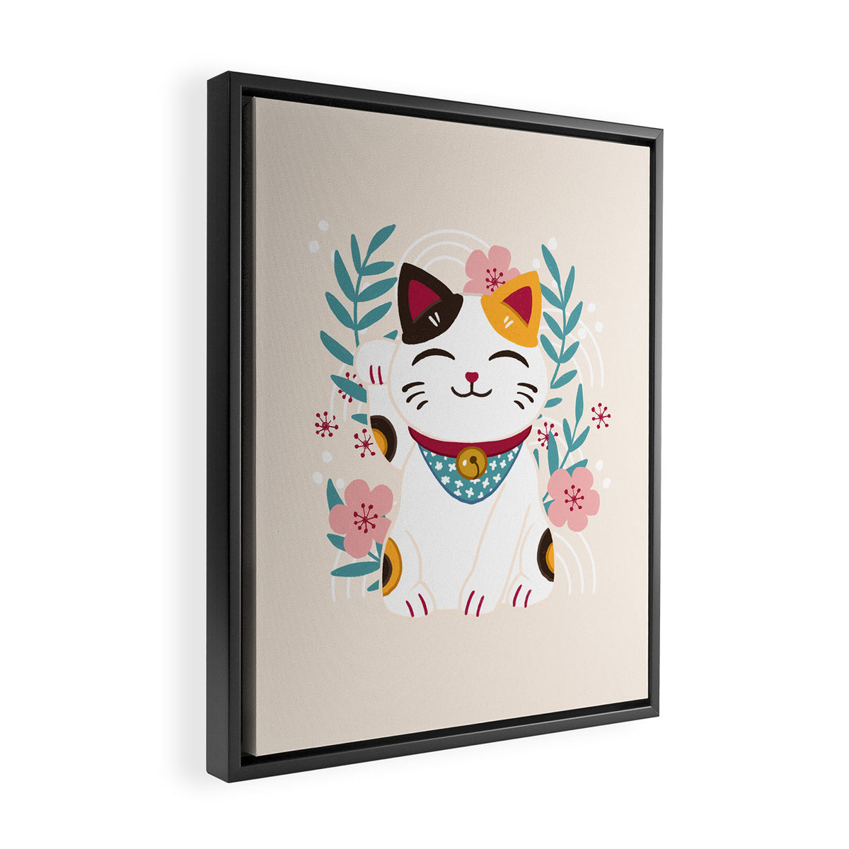 Japanese Lucky Cat with Cherry Blossoms Framed Canvas Print Gallery Image 2