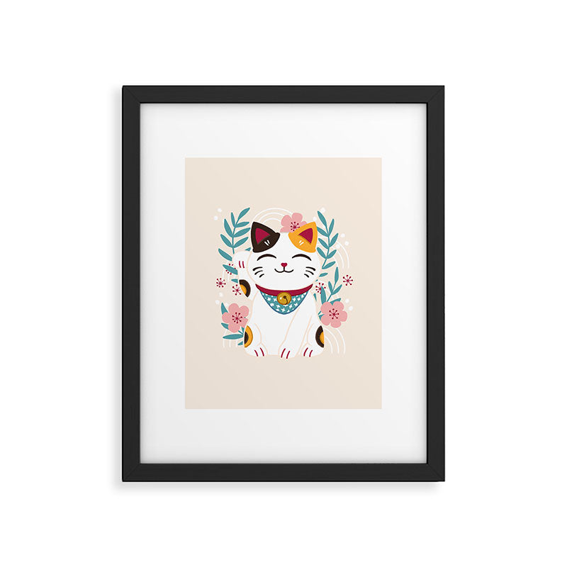 Japanese Lucky Cat with Cherry Blossoms Framed Art Print Gallery Image 5