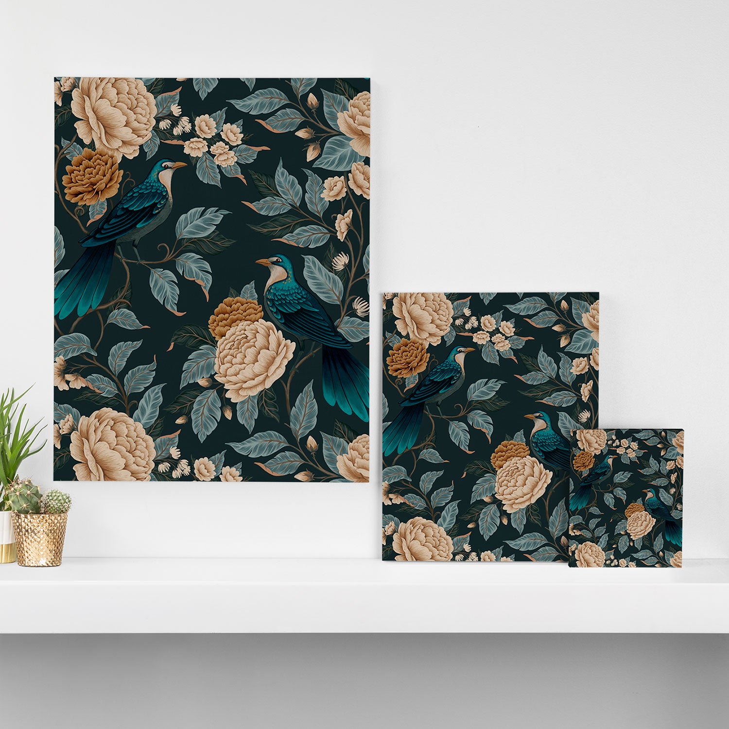 Spring Song - Dark Teal Birds and Floral Print Canvas Print Gallery Image 3