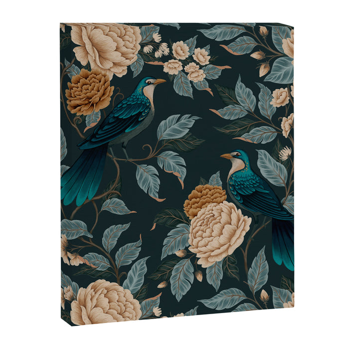 Spring Song - Dark Teal Birds and Floral Print Canvas Print Gallery Image 1
