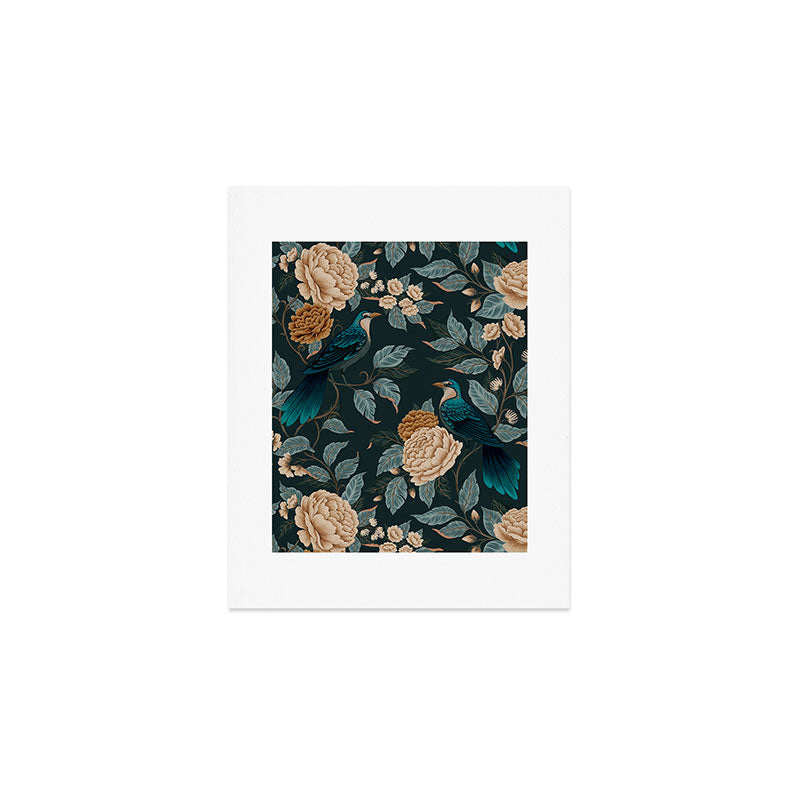 Spring Song - Dark Teal Birds and Floral Print Art Print Gallery Image 1