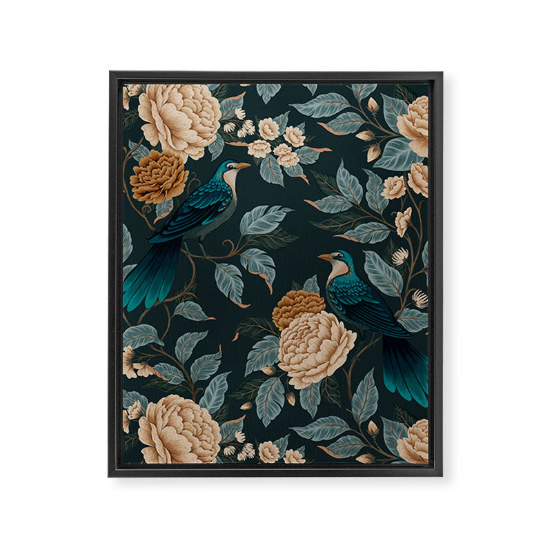 Spring Song - Dark Teal Birds and Floral Print Framed Canvas Print Gallery Image 8