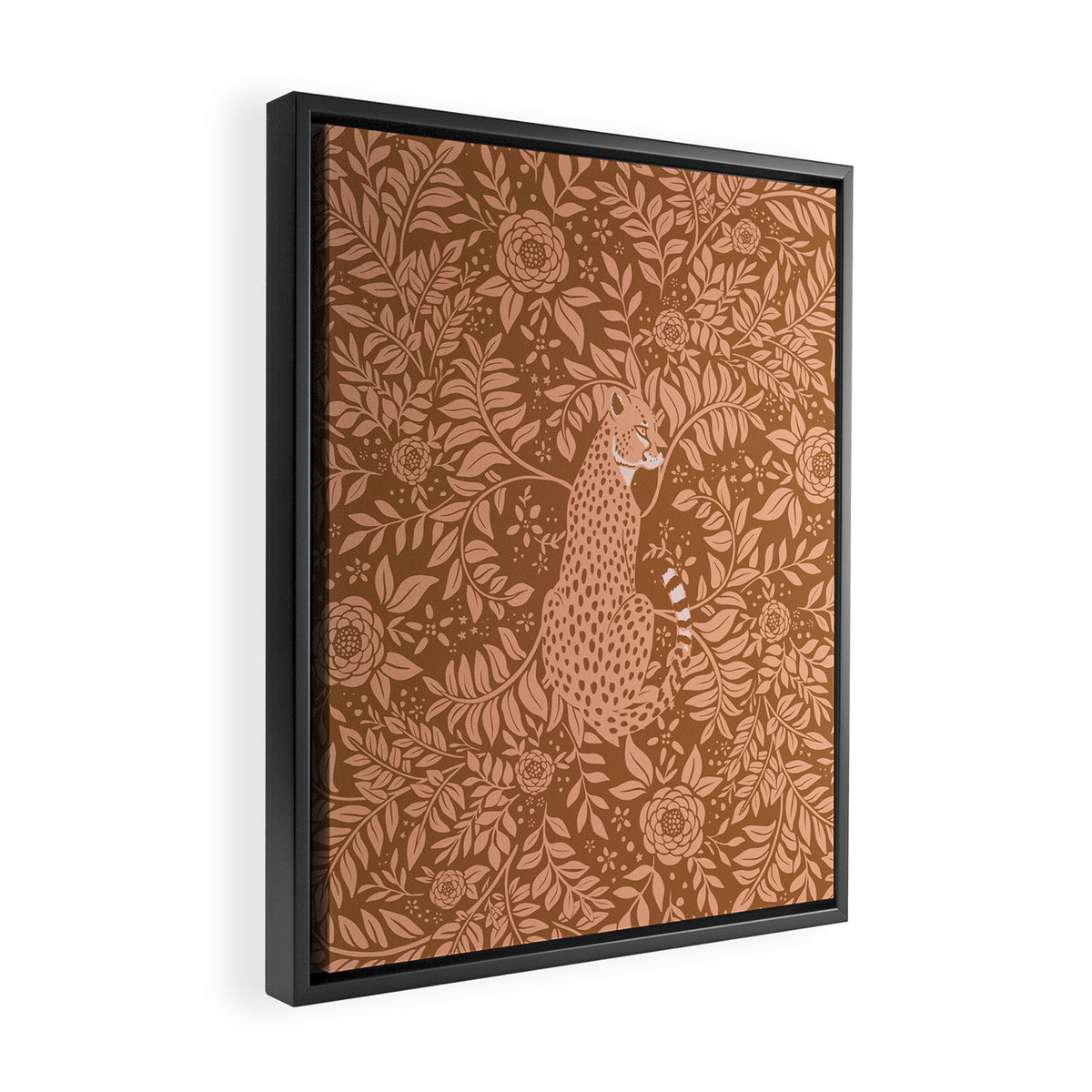 Summer Cheetah Floral Pattern - Fawn Brown Framed Canvas Print Gallery Image 2