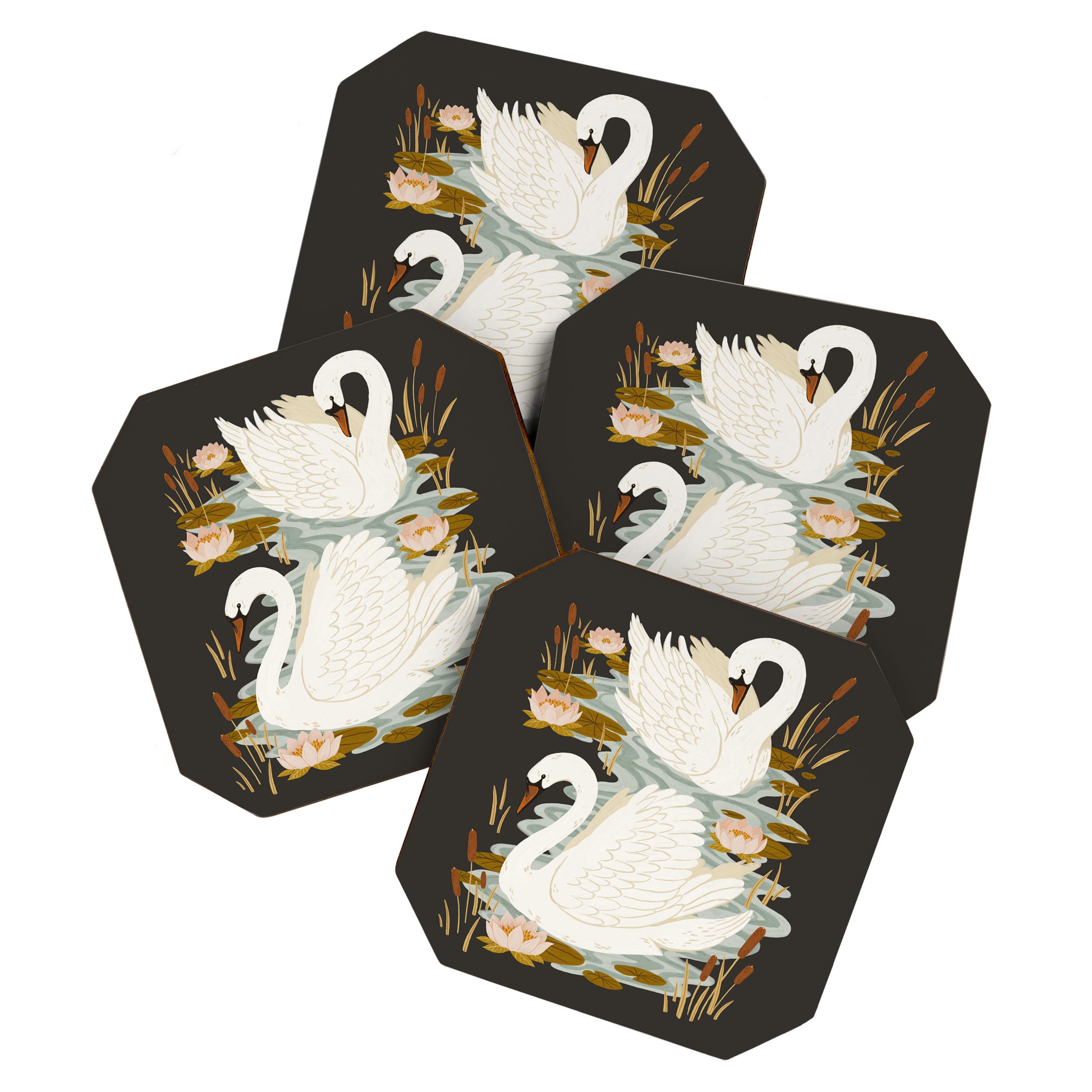 Swan Dance - Charcoal Black Background Coaster Gallery Image 1