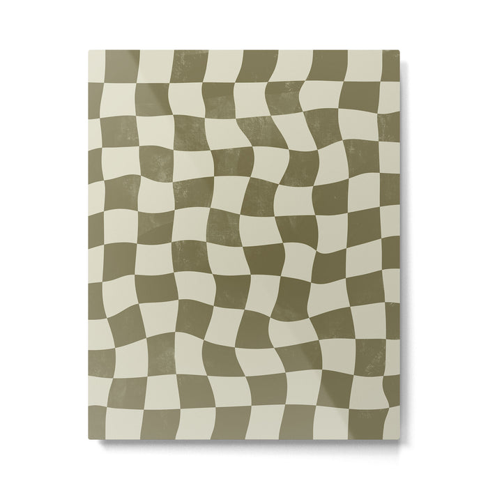 Warped Checkerboard - Olive Green Metal Print Gallery Image 1