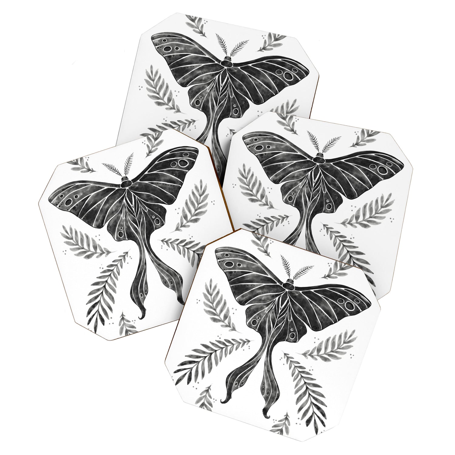 Watercolor Luna Moth in Black and White Coaster Gallery Image 1