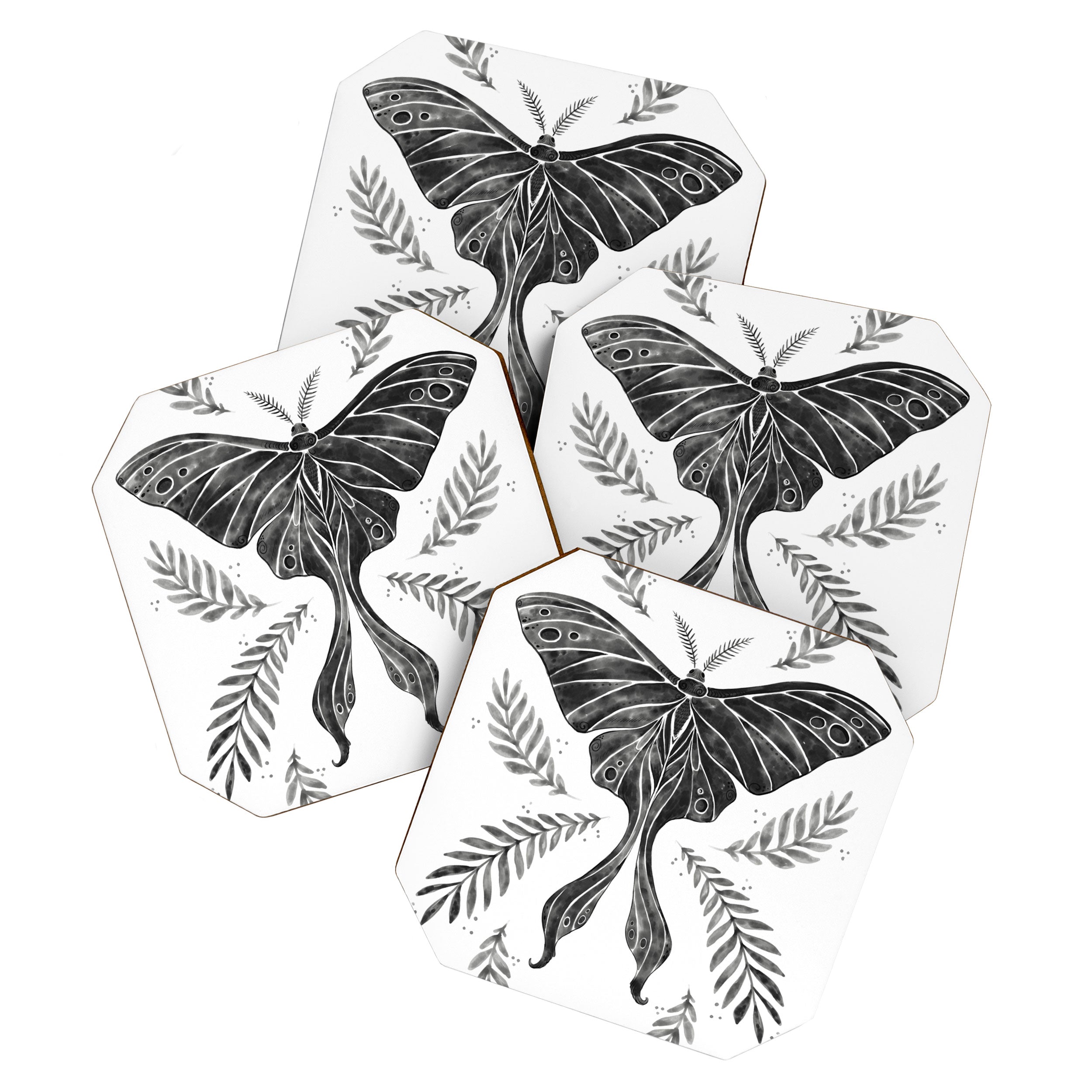 Watercolor Luna Moth in Black and White Coaster Gallery Image 1