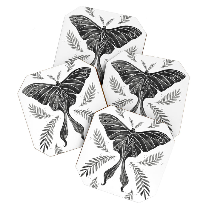 Watercolor Luna Moth in Black and White Coaster Gallery Image 1