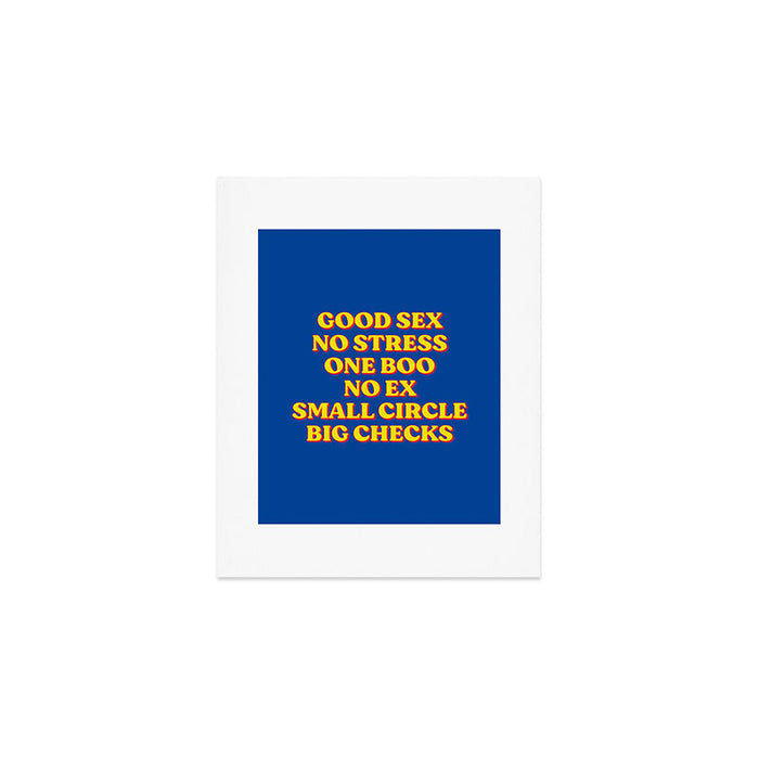 Good Sex, No Stress, One Boo, No Ex, Small Circle, Big Checks Art Print Gallery Image 1