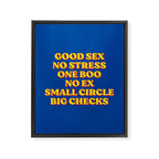 Good Sex, No Stress, One Boo, No Ex, Small Circle, Big Checks Framed Canvas Print Gallery Image 8