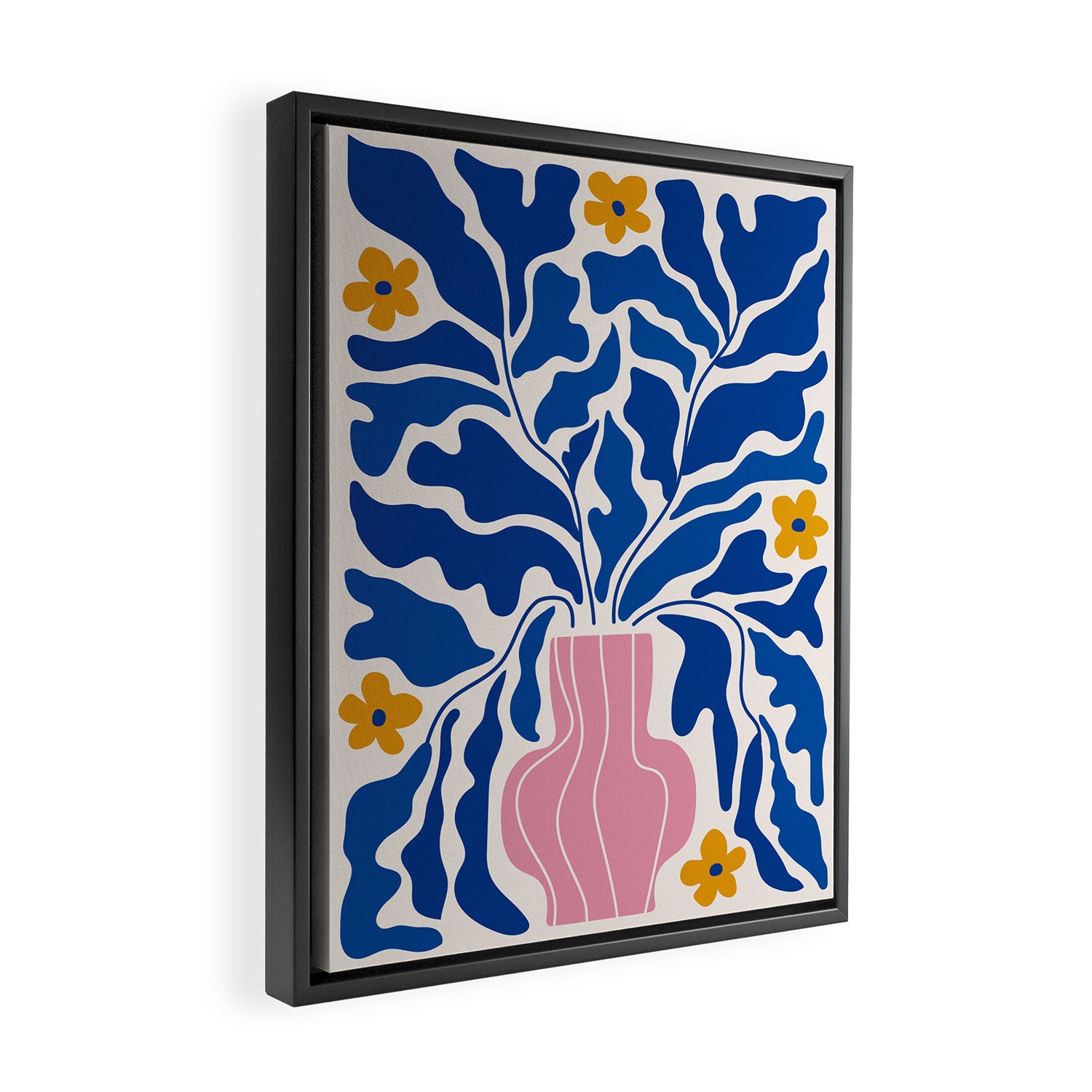 Summer Bloom: Electric Blue Leaves & Golden Poppies Framed Canvas Print Gallery Image 2