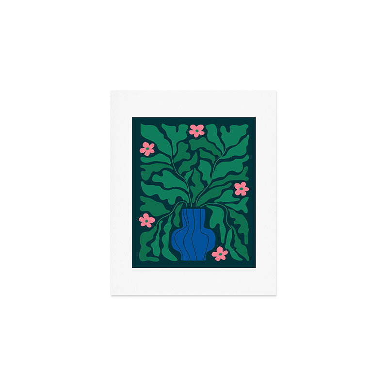 Summer Bloom: Pine Green Leaves & Pink Poppies Art Print Gallery Image 1