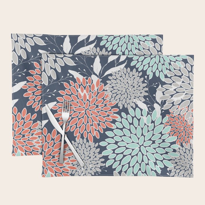 Floral Prints and Leaves, Navy, Aqua Coral and Gray Placemat Gallery Image 1