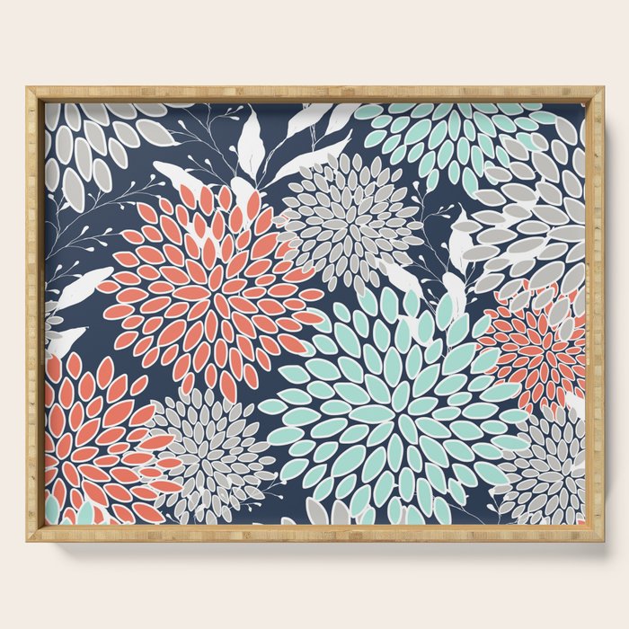 Floral Prints and Leaves, Navy, Aqua Coral and Gray Serving Tray Gallery Image 1