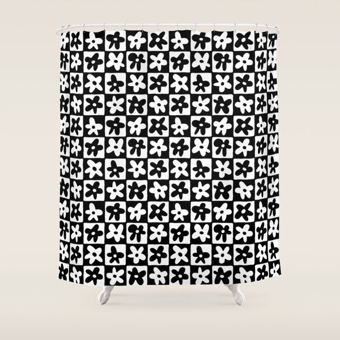 Black and white checkered floral pattern art Shower Curtain Gallery Image 1