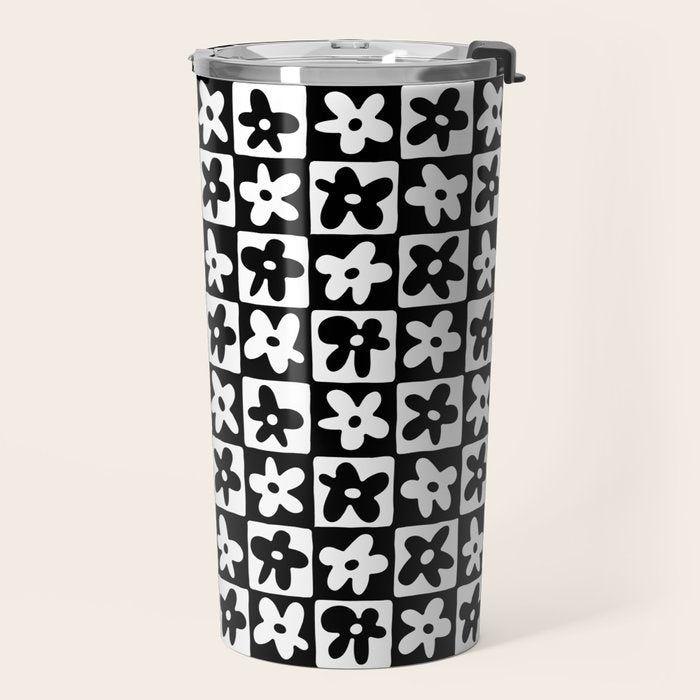 Black and white checkered floral pattern art Travel Mug Gallery Image 2